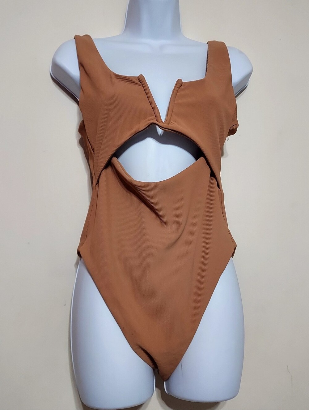 Buddy Love Brown Ribbed Knit Cutout One-Piece Swimsuit Sz-M